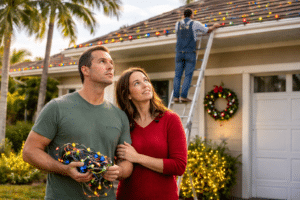 Florida homeowners watching Christmas lights being installed safely on roof