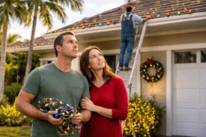 Florida homeowners watching Christmas lights being installed safely on roof